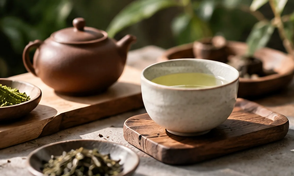 Handmade tea cups and brown clay teaware arranged with loose tea leaves on a wooden board