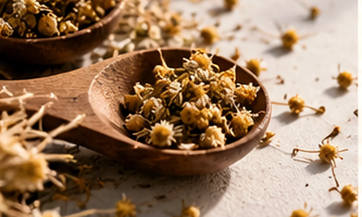 Dried chamomile flowers and botanicals arranged in wooden spoons on light linen