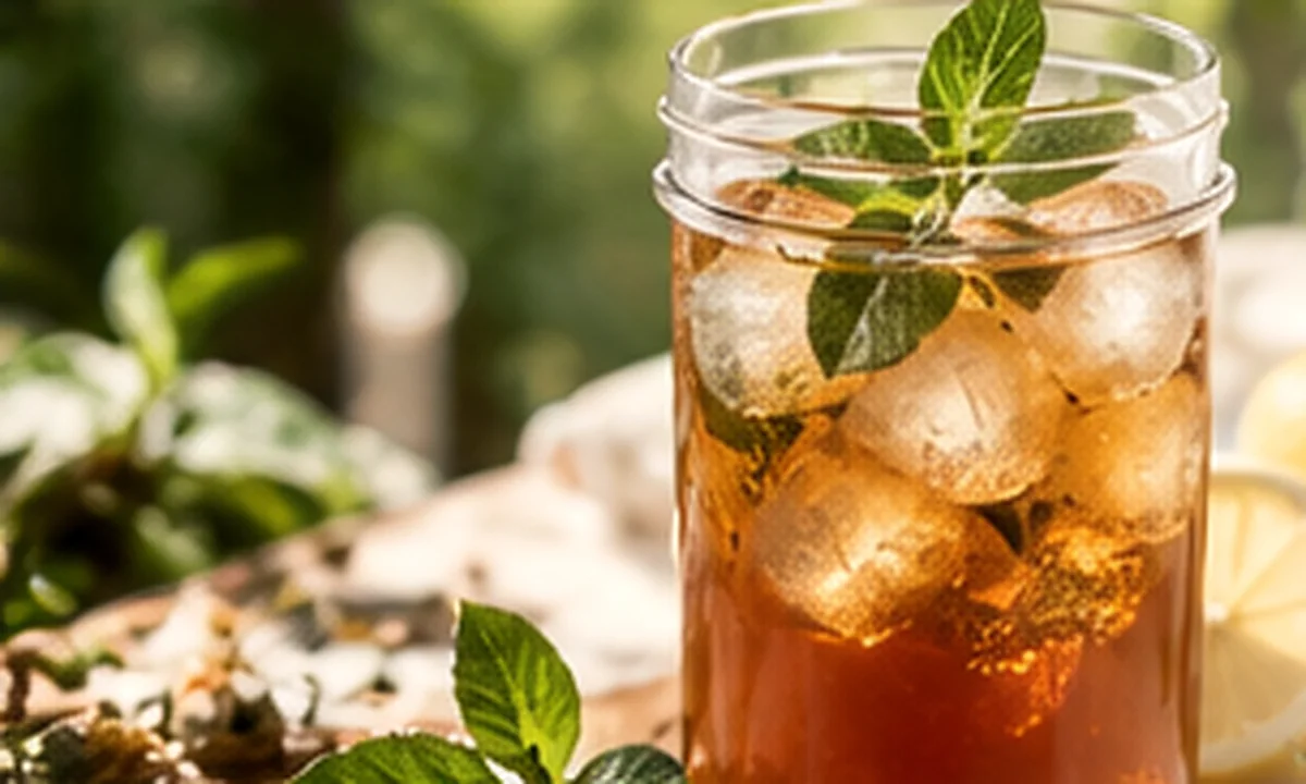 Iced amber tea with mint on a sunlit tabletop with tea leaves