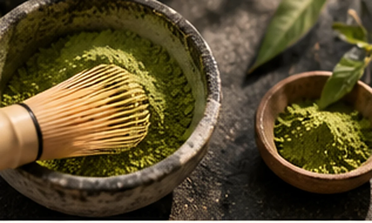 Matcha powder in a rustic bowl with bamboo whisk and loose green tea powder