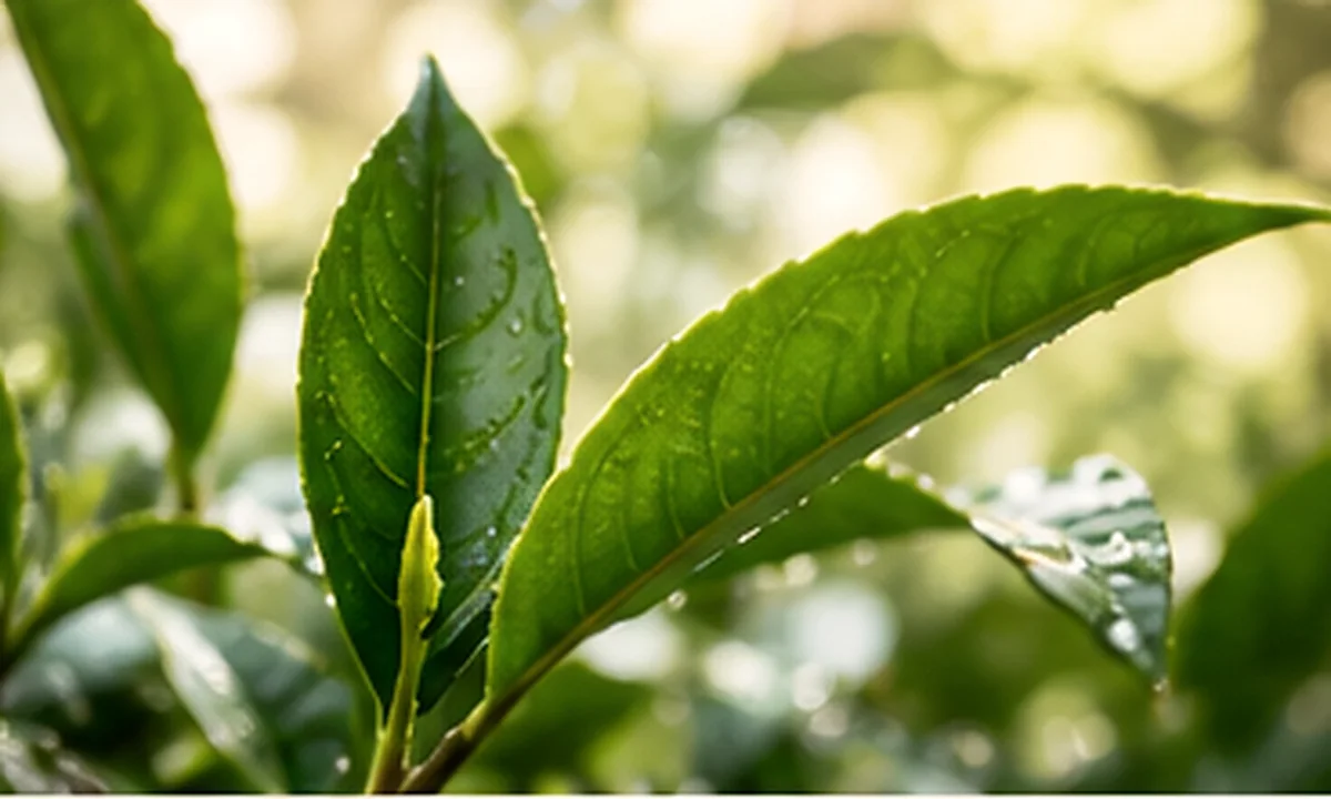 Close-up of fresh green tea leaves and natural sunlight, highlighting leaf texture